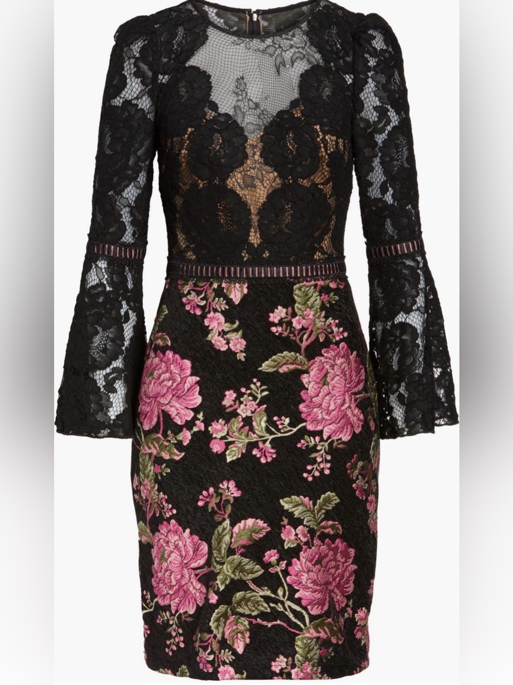 Tadashi Shoji Black Lace & Floral Brocade Sheath Bell Sleeve Cocktail Dress 14